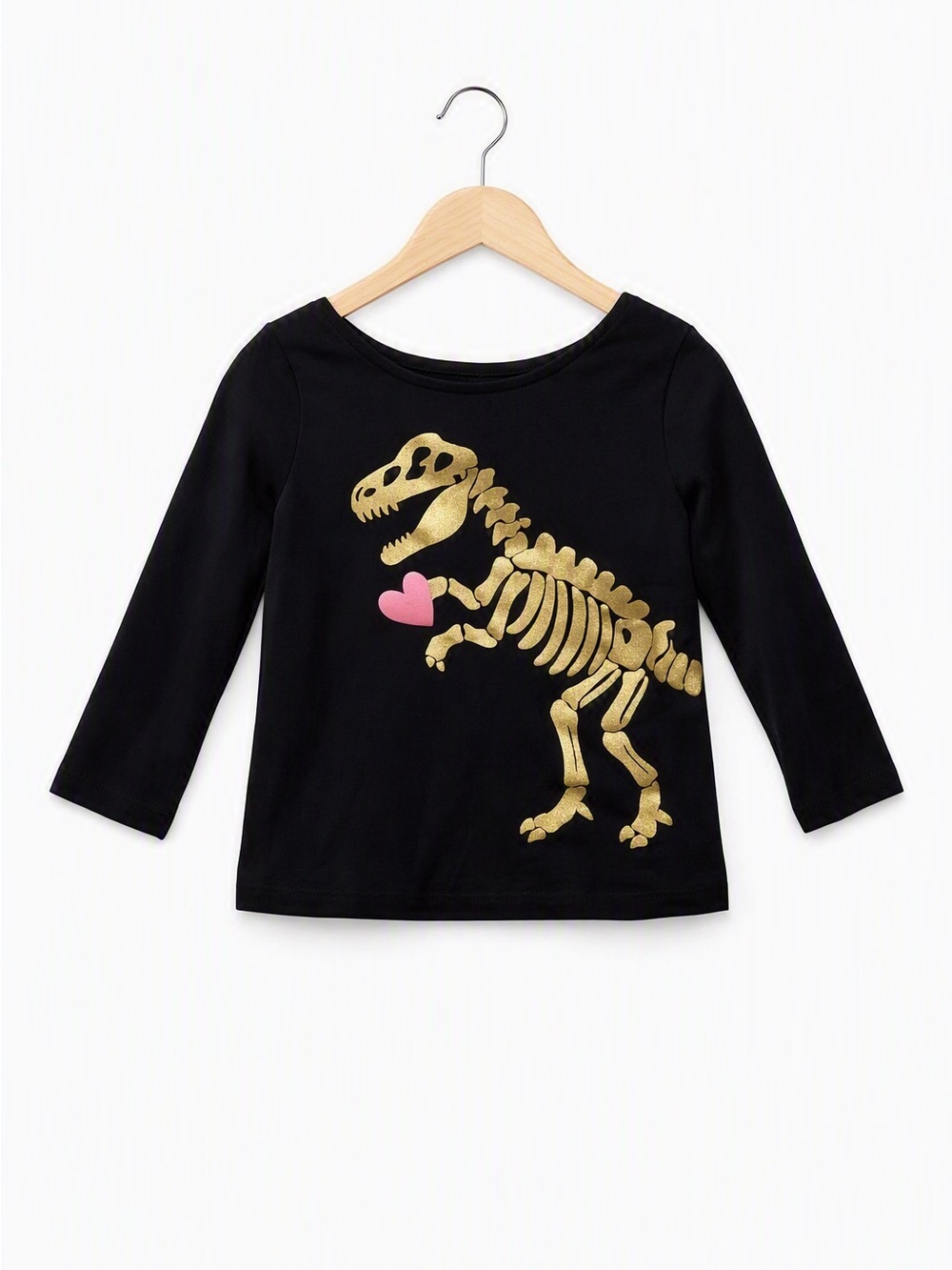 10/$15 Carter's Black Long-Sleeve Tee with Gold Dinosaur Skeleton and Pink Heart